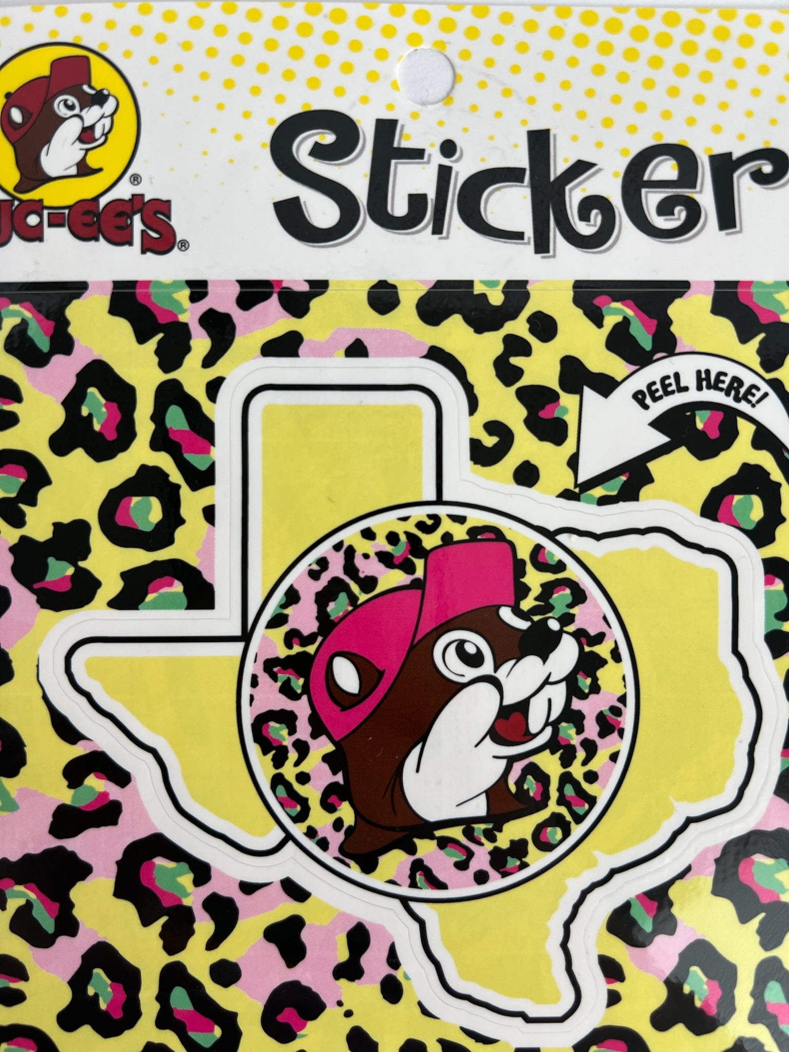 Texas Shaped yellow Buc-ee's sticker with a leopard print circle with an image of a beaver with a pink hat on