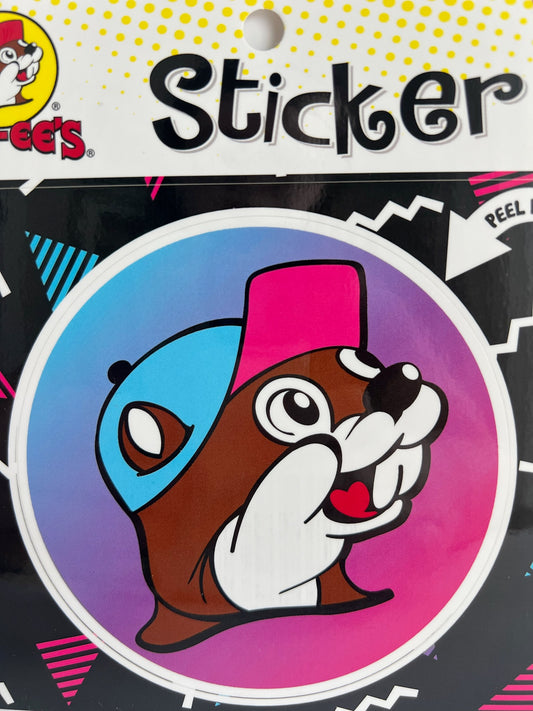 Round neon pink and blue Buc-ee's sticker with an image of a beaver wearing a pink and blue hat