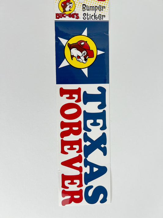 Standard 3x9 white Buc-ee's bumper sticker with a star in a blue square with a white star red and blue lettering that reads Texas Forever.