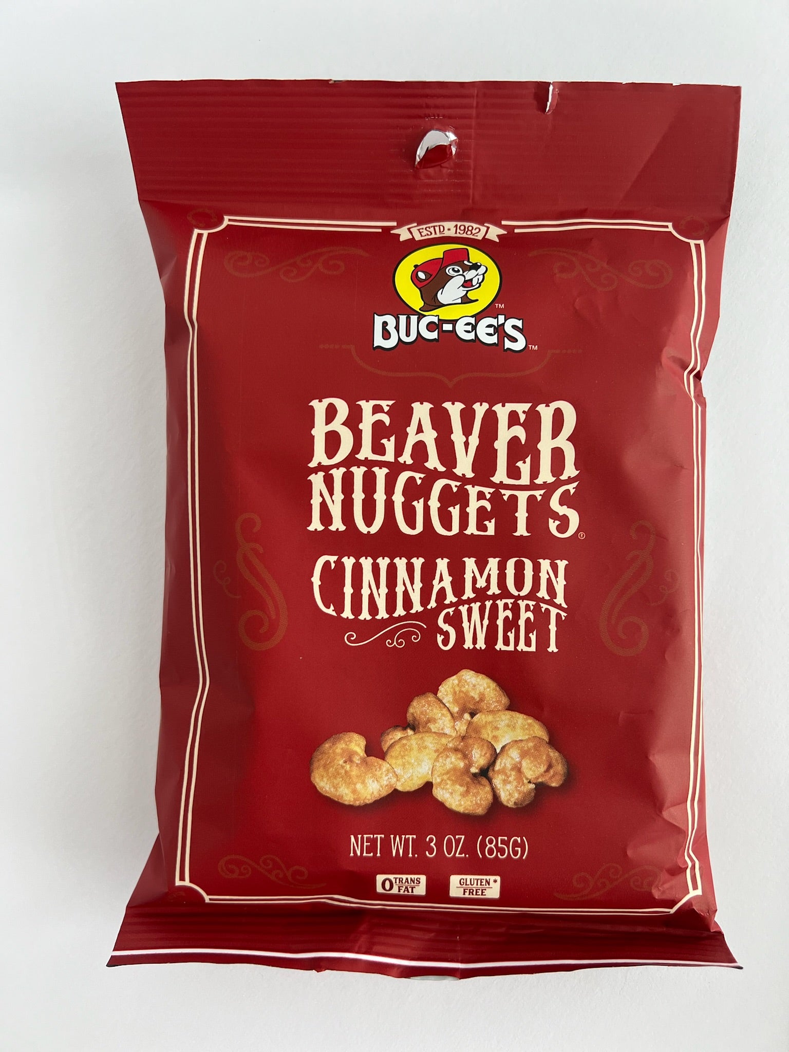 Maroon 3oz bag of Buc-ee's Beaver Cinnamon Sweet Beaver Nuggets