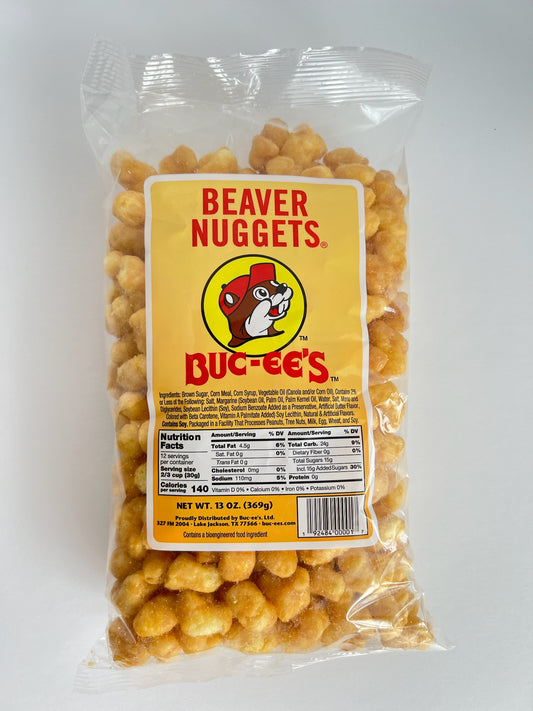 Clear plasitc bag Buc-ee's Original Beaver Nuggets 13 ounce bag.