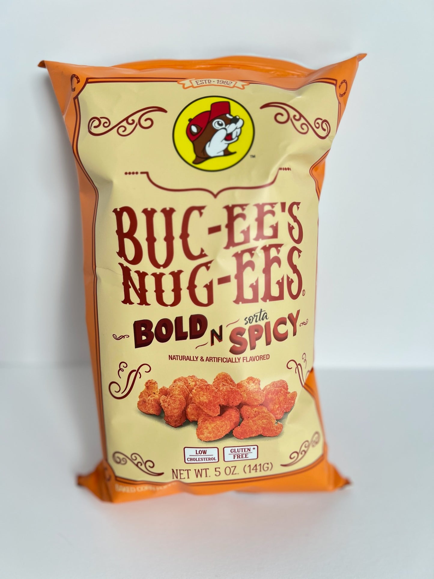 A 5oz bag of Bold N Sorta Spicy flavored buc-ee's Nug-ees